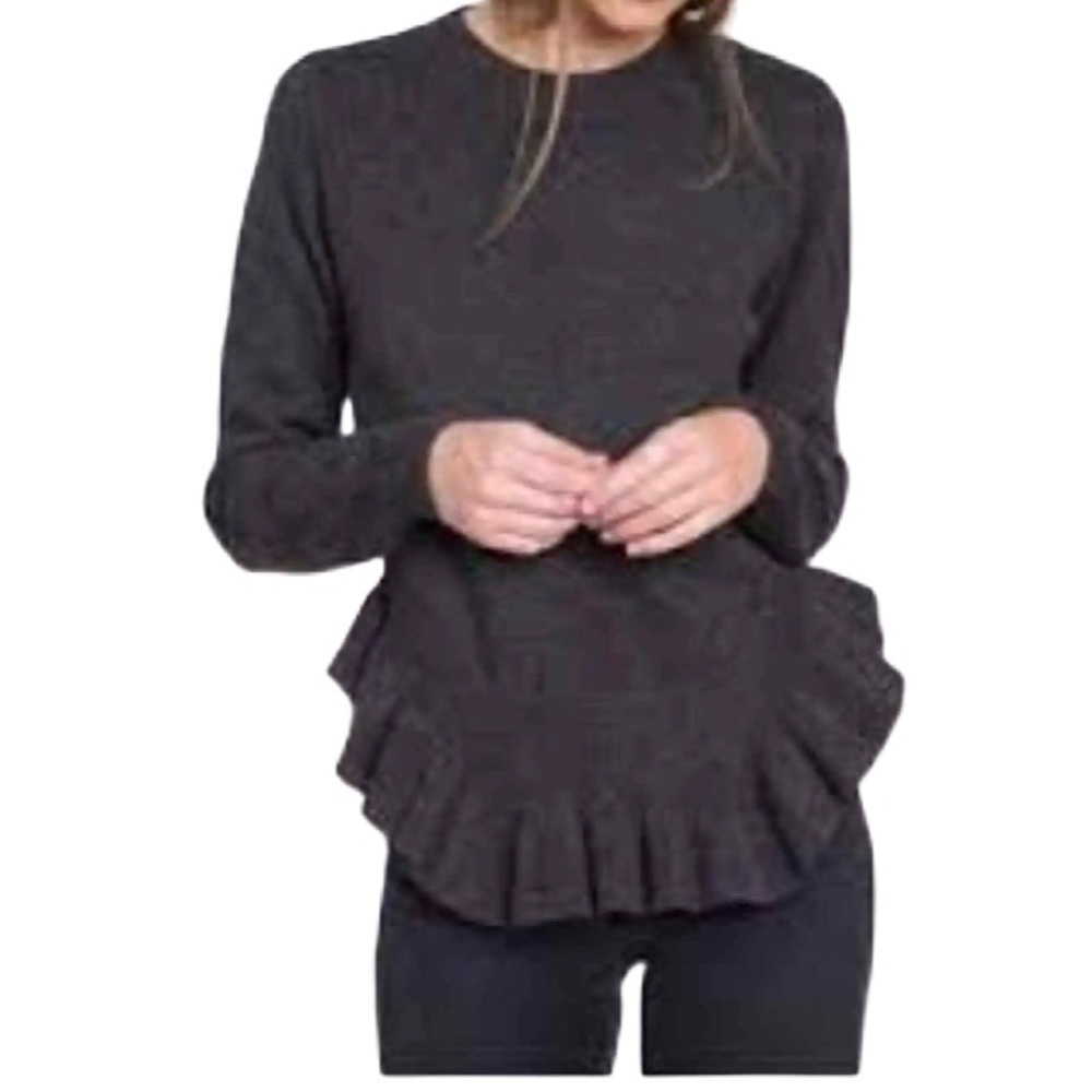 Anthropologie Dark Charcoal Ruffle-Hem Crew Sweater